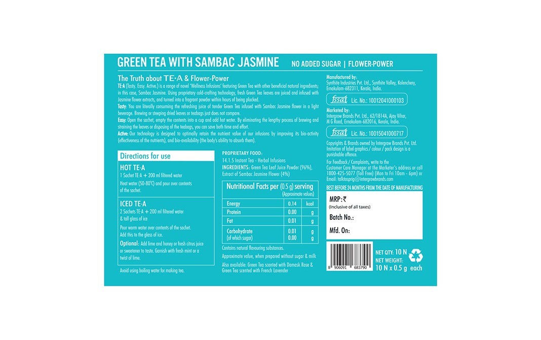 Sprig Green Tea Scented With Sambac Jasmine   Pack  10 pcs
